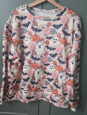 PRINTED Halloween Ghost & Pumpkin Long Sleeve  Sweatshirt - Pink, Orange, Black